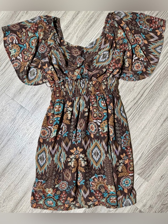 Shyanne Dresses & Skirts - Shyanne Brown Floral Boho Mini Dress with Teal & Rust Accents